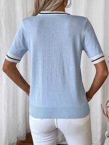 EMERY ROSE Blusa de punto casual y versátil de mujer con cuello en V y bloques de color - Azul - Ver 3