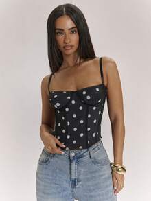 SHEIN BAE Áo hai dây nữ in chấm bi thoải mái, kiểu dáng dễ thương, phù hợp cho mọi mùa, áo khoác mùa hè, đi nghỉ mát, đi ăn trưa, lựa chọn thời trang thường ngày cho phái nữ. - Đen và trắng - Xem 6