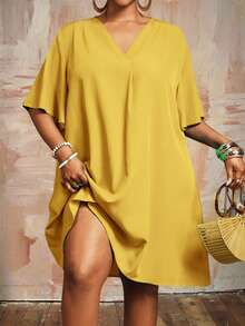 Slaydiva Nuevo vestido casual/de negocios casual elegante de Pascua/Occidental para mujer con mangas cortas, cuello en V de gasa, mangas sueltas con volantes - Amarillo - Ver 12