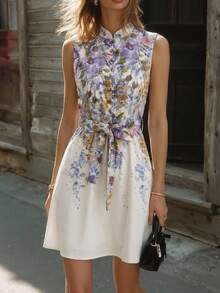 Ellegaria. 无袖碎花浪漫短裙，女士假日装扮，女士度假装，优雅派对礼服，新年装扮，新年连衣裙，新年服饰，新年造型，女士感恩节装扮，毕业礼服，优雅连衣裙，优雅连衣裙，女士优雅春季约会装扮，情人节装扮，白色连衣裙，浪漫连衣裙，印花连衣裙，度假装 - 白色 - 查看 4