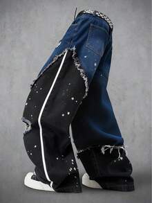 Manfinity Denimwave American Men's Patchwork Frayed Edge Tape Decor Wide Leg Jeans - Blue - View 4