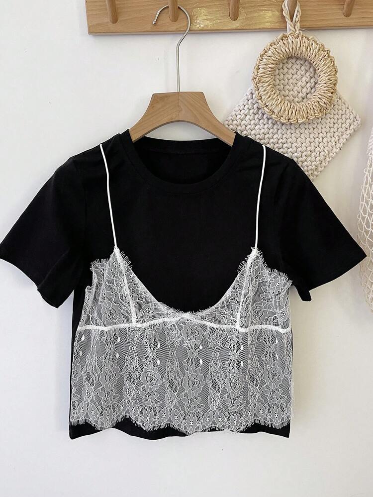 Dazy Plus Crew Neck 2 In 1 Lace Camisole Loose Fit Casual Short Sleeve Black Plus Size Women's T-Shirt, Spring/Summer