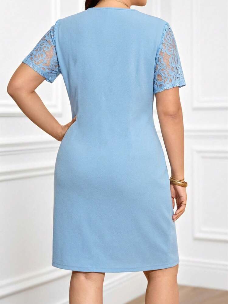 Plus Size Women's Elegant Short Sleeve Lace Patchwork Dress, Summer