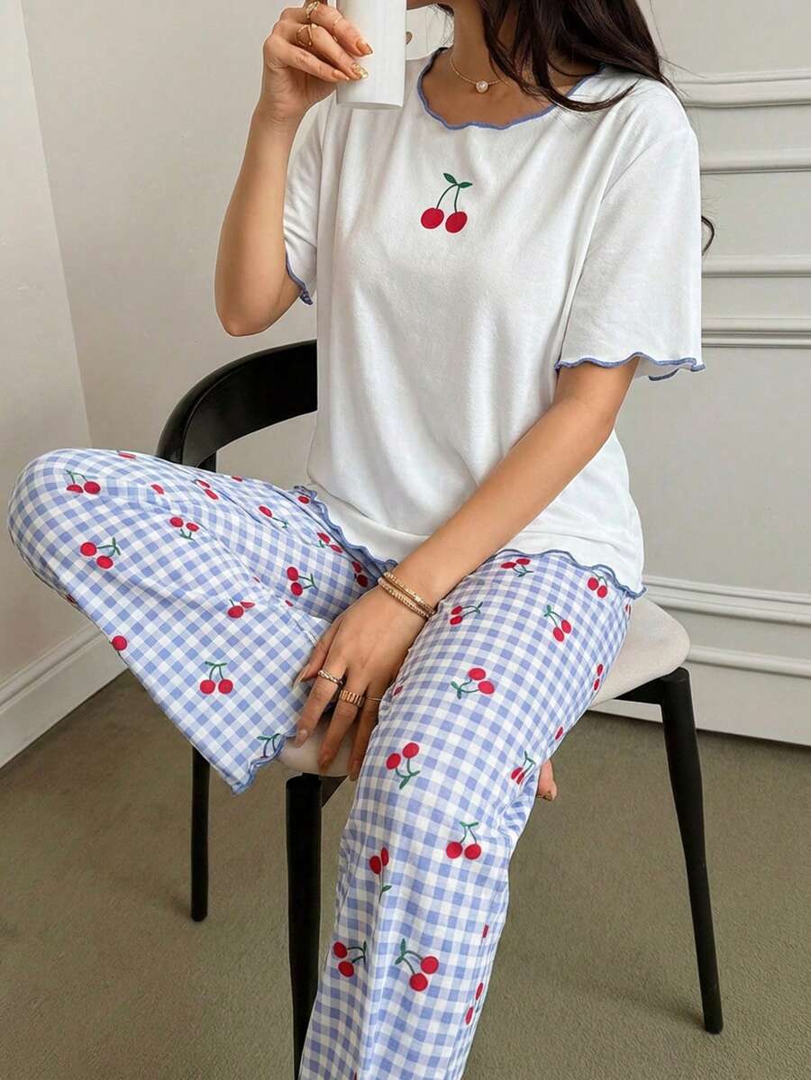 Tween Girls 2 Pieces Pajama Set, Cherry Print White Ruffle Crew Neck Top And Plaid Pants, All Season - Blue - View 1