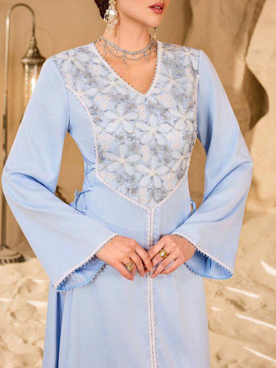Al Najma 女士V领蕾丝刺绣收腰提花修身长袖连衣裙，优雅派对之选