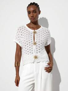 MAIJA 波西米亚风镂空针织金色向日葵扣短袖露脐上衣 - 白色 - 查看 6