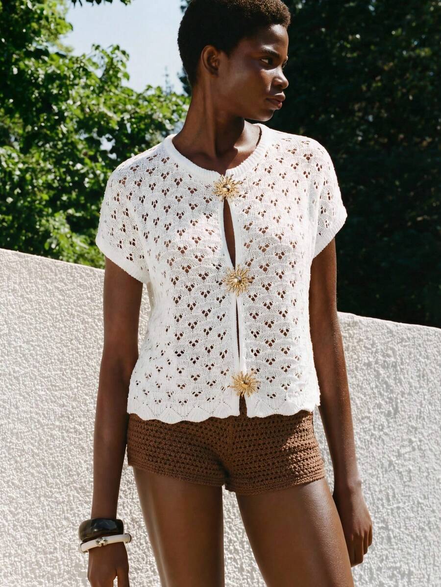 MAIJA Boho Open Knit Gold Sunflower Clasp Short Sleeve Crop Top - White - View 1