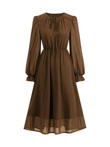 Ellevyn Robe élégante à manches lanternes en mousseline de soie à imprimé léopard et coupe évasée pour femmes - Acajou - Voir 6