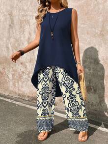 EMERY ROSE 2pcs/Set Women's Vacation Solid Color High-Low Hem Sleeveless Top And All-Over Print Wide Leg Pants Set Vacation Navy Blue Summer Casual - Navy Blue - View 4
