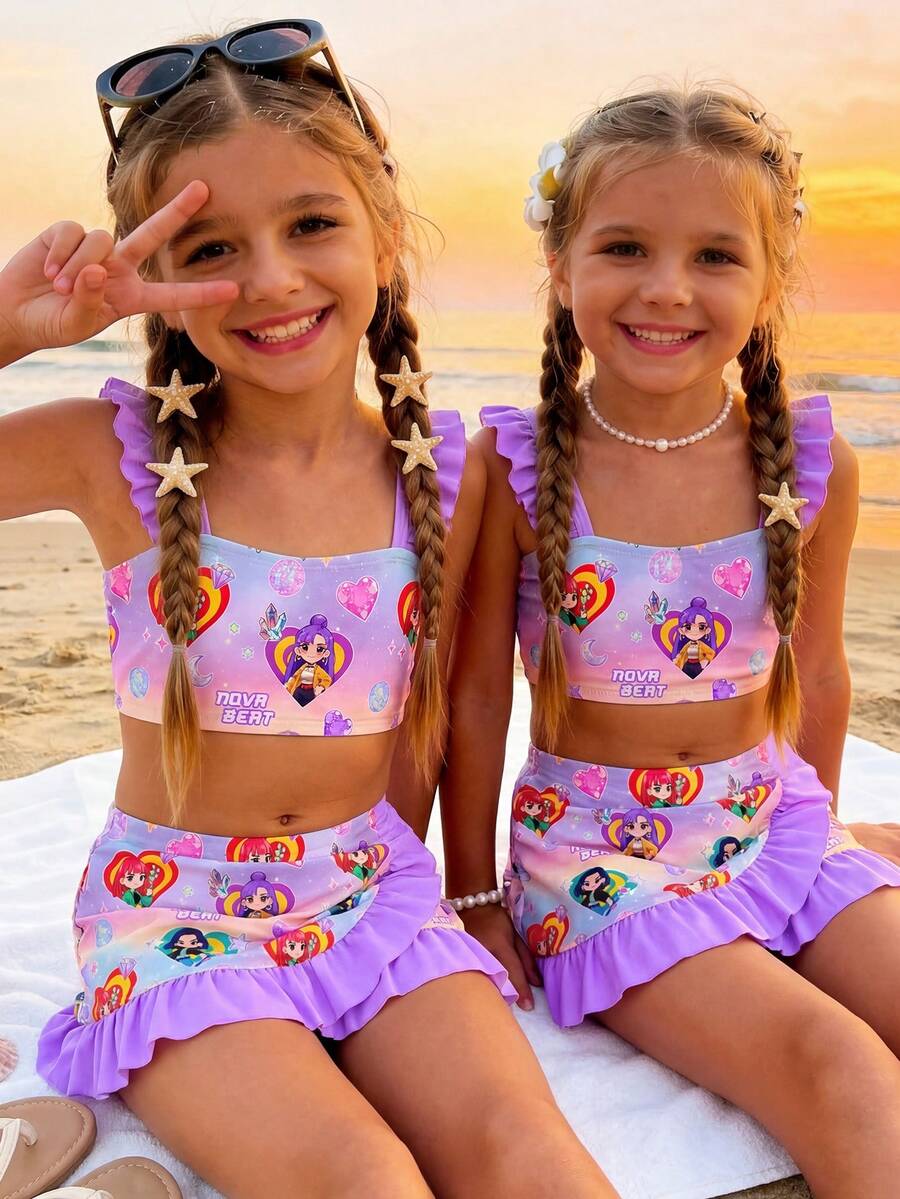 SHEIN Conjunto de bikini con estampado de letras y dibujos animados con minifalda para niña, adecuado para vacaciones de verano y playa - Multicolor - Ver 1