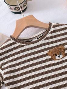SHEIN LMoss Kids 2pcs Young Girl Knitted Solid Color Round Neck Loose T-Shirt And Fitted Shorts Set - Black and White - View 4