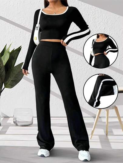 Conjunto de 2 Piezas Crop Top de Manga Larga y Pantalones Acampanados para Mujer