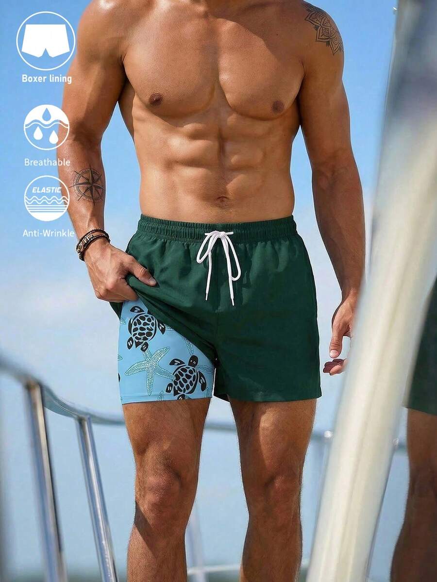 Manfinity Swimmode 男士抽绳腰带休闲沙滩短裤,假日 - 軍綠色 - 查看 1