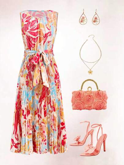 Ellevyn Women's Tropical Plant Print Pleated Hem Sleeveless Elegant Mid-Length Dress  Women's Summer Elegant Colorful Floral Print Dress, Wedding Guest Dress, Romantic Floral Print, Tie-Waist Sleeveless Long Dress, Elegant And Versatile, Casual Outing, Country Vacation Dress, Pleated Skirt   Wedding Party Dress   Country Dress 
  Floral Dresses For Women