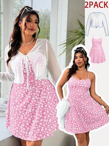 Solflare Conjunto de 2 piezas: Cárdigan blanco transparente de manga larga talla grande + Vestido de tirantes con estampado floral rosa - Rosa - Ver 1