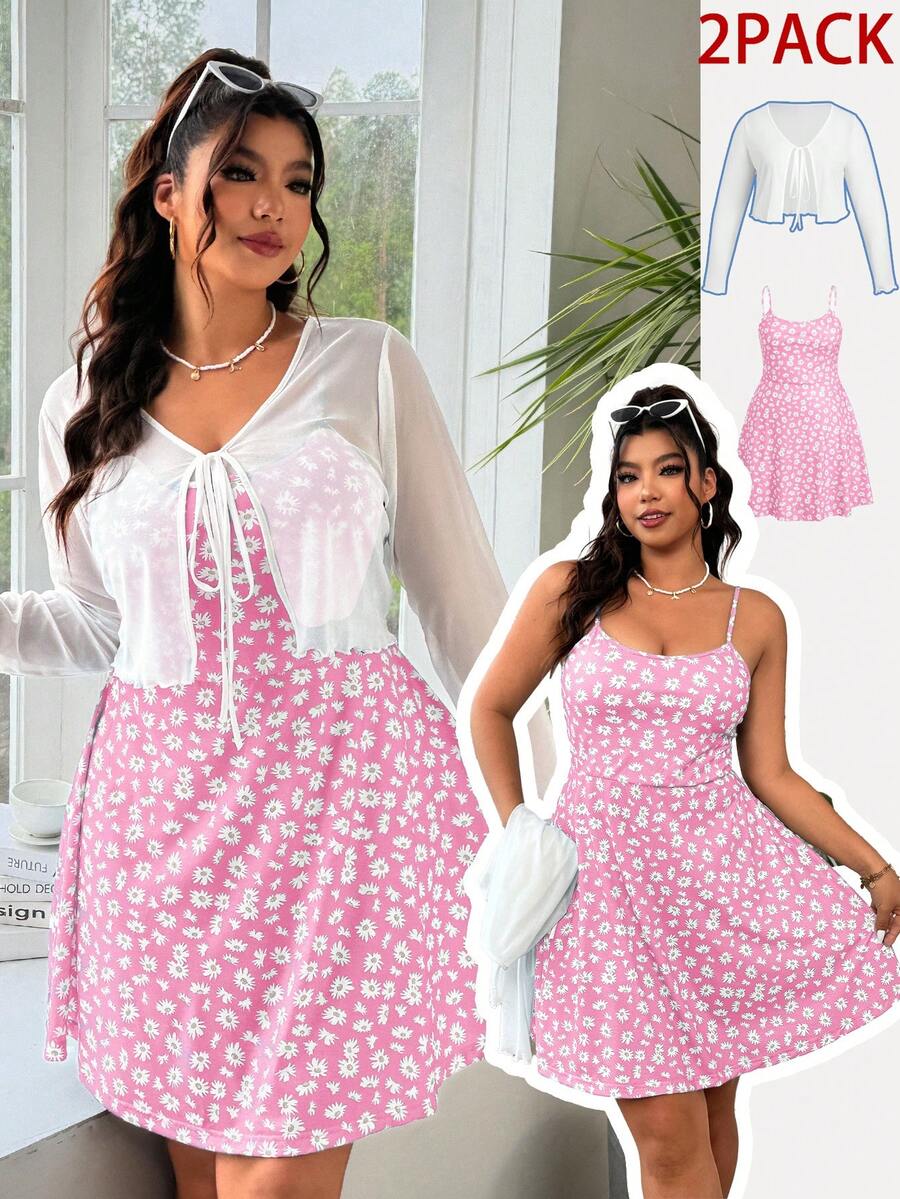 Solflare Conjunto de 2 piezas: Cárdigan blanco transparente de manga larga talla grande + Vestido de tirantes con estampado floral rosa - Rosa - Ver 1