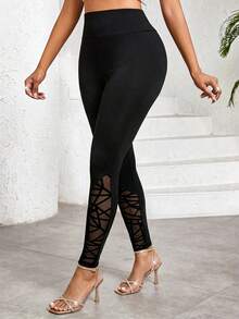 SHEIN Lady Quần legging nữ cạp cao phối ren - màu đen - Xem 1