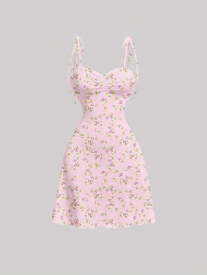 SHEIN MOD Đầm chữ A dáng suông, họa tiết hoa nhí, thắt dây vai phía trước, xếp ly ở eo, thích hợp cho mùa hè.