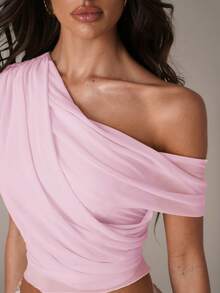 SHEIN BAE Blusa de mujer de unicolor con hombro asimétrico fruncido y de moda - Rosa Pálido - Ver 5