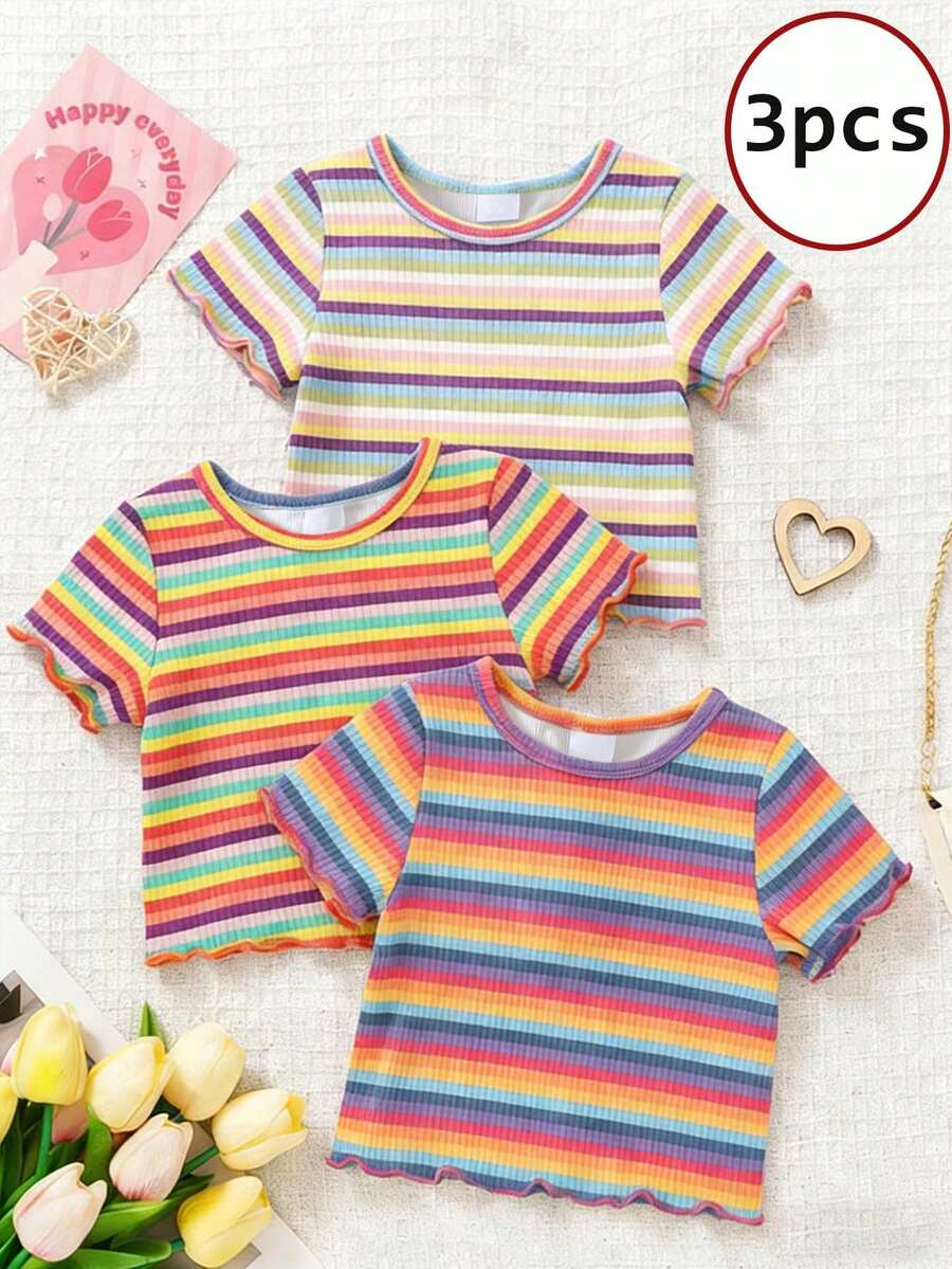 SHEIN Playful Pals 3pcs/Set Baby Girl Rainbow Striped Ruffle Hem T-Shirt,Cute Summer Tee For Pride Month,Burnt Orange Graduation Gift,6 Months-3 Years Old Daily Outfit - Black - View 1