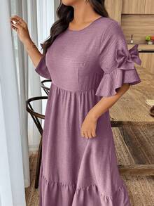 EMERY ROSE Plus Size Women's Solid Color Round Neck Bow Decor Short Sleeve Elegant Dress - Purple - View 3