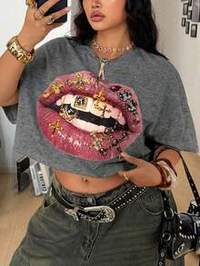 Coolane 女士加大码春夏街头风日常穿搭复古Y2K外出嘻哈休闲加大码露脐嘴唇图案T恤 - 灰色 - 查看 6