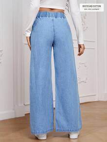 EMERY ROSE Women's All-Match Casual Versatile Elastic Waist Wide Leg Loose Fit Mid-Blue Woven Thin Material Regular Denim Pants - Light Wash - View 2
