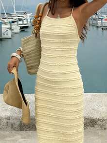 DAZY Đầm ôm sát màu vàng chất liệu vải dệt họa tiết dành cho nữ, thích hợp cho kỳ nghỉ xuân hè. - Màu vàng - Xem 2