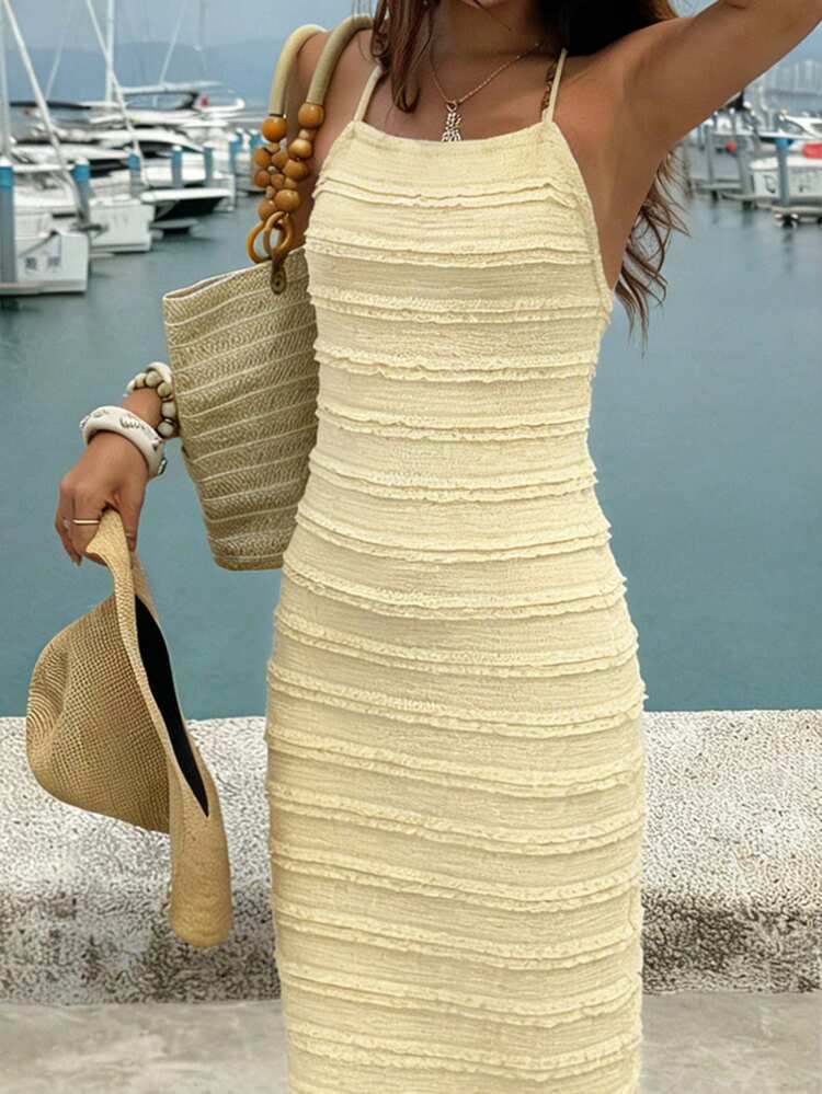 Women's Textured Fabric Yellow Casual Bodycon Dress, Suitable For Spring & Summer Vacation