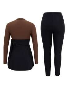 Swim Mulvari 2pcs Women's Black Modest Summer Beach Vacation Holiday Swimwear,Long Sleeve Tight Elegant Colorblock Swimsuit Paired With Skirt,Arabic Style Outfit - Black - View 3