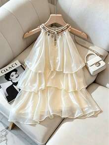 GlowEve 法式度假风无袖层叠荷叶边衬衫 - 淡黃色 - 查看 2