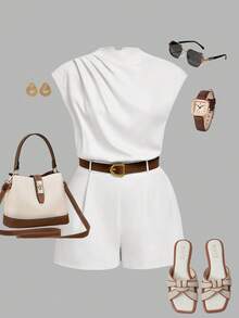 SHEIN MOD PLUS SIZE WOMEN HIGH NECK SOLID POCKET JUMPSUIT WITH BELT - White - View 5