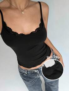 SHEIN PETITE CURVE 大尺碼女款黑色蕾絲飾邊細肩帶背心上衣，優雅夏季吊帶上衣，正式晚裝日常休閒，免內衣度假款，Y2K鄉村風 - 黑色 - 查看 5