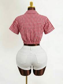 SHEIN BamGlam Áo sơ mi nữ kẻ caro xếp ly, kiểu dáng thường ngày, đa năng. - Đỏ - Xem 2