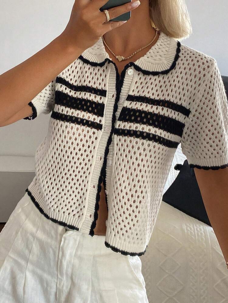 Women's Peter Pan Collar Loose Striped Patchwork Hollow Design Knit Top, Spring & Summer