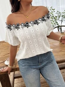 Weeklong Áo thun dệt kim họa tiết, kiểu dáng thường ngày, trễ vai, phối màu tương phản, có bèo nhún, dành cho nữ cỡ lớn, thích hợp cho mùa xuân/hè. - Màu be - Xem 1