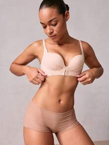 Veilyse Sujetador push-up de unicolor para mujer, talla de copa pequeña con efecto de copa grande, lencería - Caqui - Ver 5