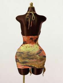 SaltGleam SaltGleam Women's Halter Tie-Up Color Block Ruched Hollow-Out Elegant Sexy Waist Gathering Party Club Dress Mustard Yellow Summer - Multicolor - View 2