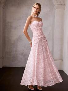 MOTF Soiréza 女士长款无肩带晚礼服，适合婚礼季和派对穿着 - 粉色 - 查看 4