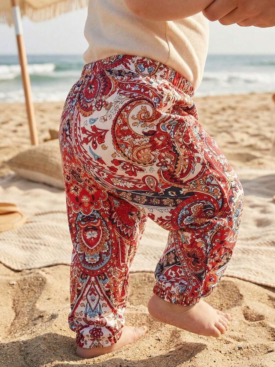 SHEIN Playful Pals Infant Toddler Baby Girl Casual Elastic Waist Jogger Pants, Suitable For Daily Wear, Vacation And Travel Girl Holiday Outfit Toddler Girl Summer Clothes Girls Summer Outfit Girl Outfit Sets Summer Girls Summer Holiday Outfits Baby Girl Trousers Baby Girl Paisley Pants Toddler Trousers - Multicolor - View 1