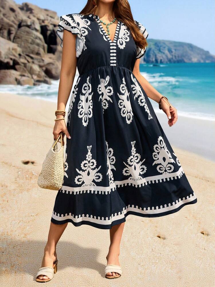 Vestido midi de manga corta con doble capa y estampado floral retro para vacaciones de mujer talla grande