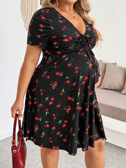 SHEIN 大码孕妇樱桃印花系带短袖连衣裙，度假款