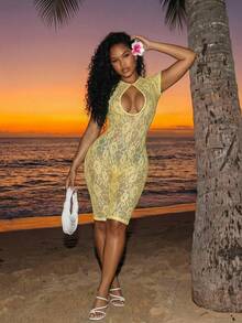 SHEIN BamGlam Women's Fashionable Sexy Hollow Lace Sheer Jumpsuit - Yellow - View 4