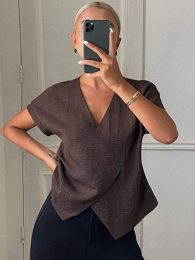 Women's Solid Color V-Neck Oblique Collar Short Sleeve Elegant Formal Summer Blouse