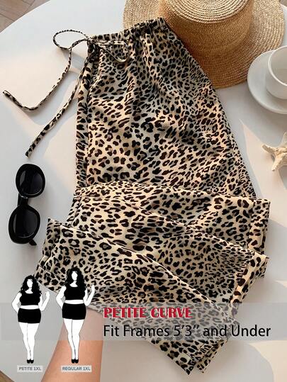 SHEIN PETITE CURVE 大码女式杏色豹纹休闲宽松裤