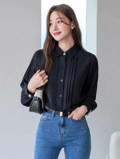 DAZY Women's Casual Business Solid Color Long Sleeve Shirt,Fall Clothes,Back To School Clothes