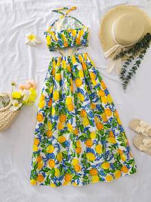 SHEIN Đầm hở lưng cổ yếm in hình chanh cho bé gái tuổi teen, thích hợp đi biển/nghỉ mát. - Màu vàng - Xem 5
