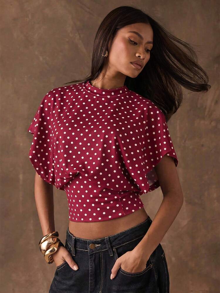 SHEIN BAE Camiseta de mujer casual de manga de murciélago con cintura ceñida y estampado de lunares, para verano - Burdeos - Añade 7