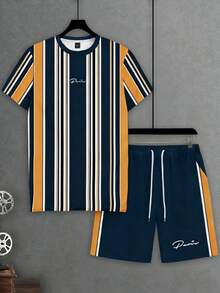 Manfinity Homme 男士海军蓝撞色条纹短袖套装，字母印花圆领T恤配抽绳休闲短裤，夏季海滩度假休闲通勤两件套 - 彩色 - 查看 6