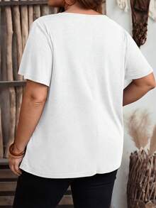 Rosumi Plus Size Women's Solid Color V-Neck Short Sleeve Casual T-Shirt - White - View 2